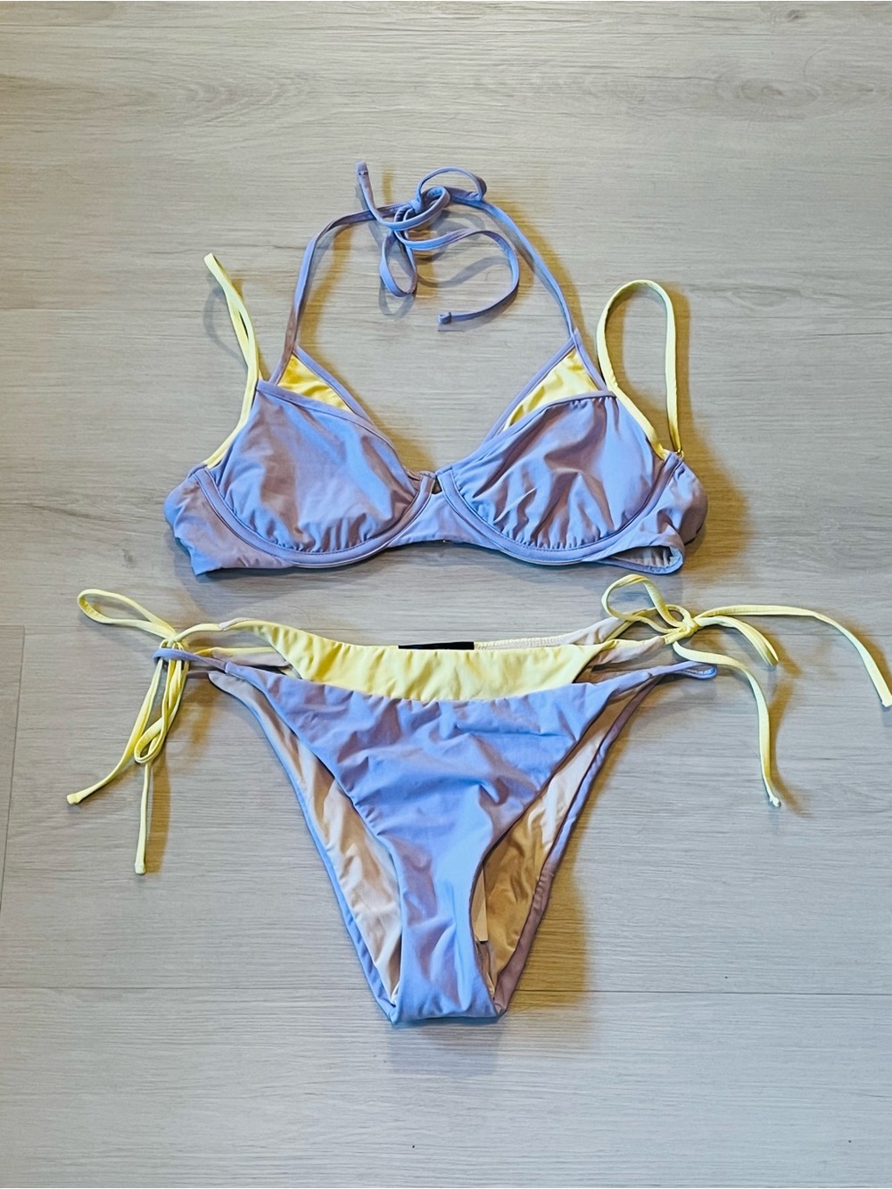 AQUA Swim Double Tie String Bikini Top and Bottom Lavender Butter Size M NWT
